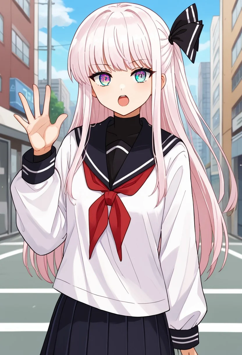 <lora:Saotome_Annin:0.8>, score_9, score_8_up, score_7_up, source_anime, BREAK, multicolored eyes, aqua and light pink colored eyes, white hair, long hair, black hair ribbon, sidetail, Saotome_Annin, white long sleeves sailor uniform, black pleated skirt, sailor collar, red neckerchief, open mouth, standing in city, pantyhose, cowboy shot,