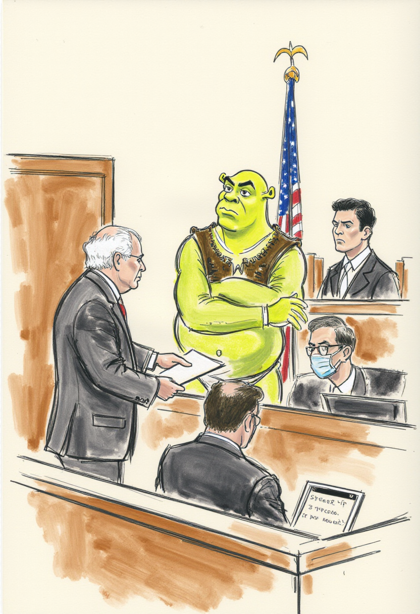 <lora:Courtroom_Sketch_Style_FLUX-000013:0.8>
This is a detailed, hand-drawn courtroom scene in a sketchy, watercolor style depicting Shrek in trouble for indecent exposure.