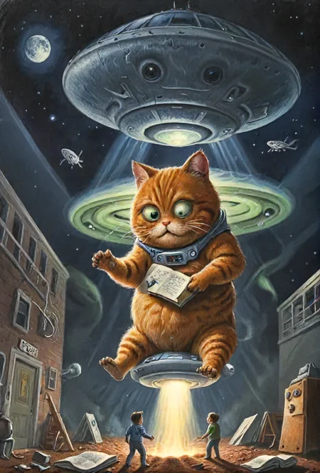 book cover title "How to Defend Yourself Against Alien Abduction", fat cat is to obesse and got stuck in the abdustion beam of an ufo, detailed, 8k, <lora:cinexart:0.5>, <lora:wizards_vintage_romance:0.6>, <lora:Harrlogos_v1.1:0.8>,   <lora:- SDXL - wonderrake_5000_V1.0:0.8>  <lora:- SDXL - stnerfx _Stoner_Fox_V3.0:0.4>  <lora:Wizards_MACHINALIA__Things_Come_Alive_:0.8>