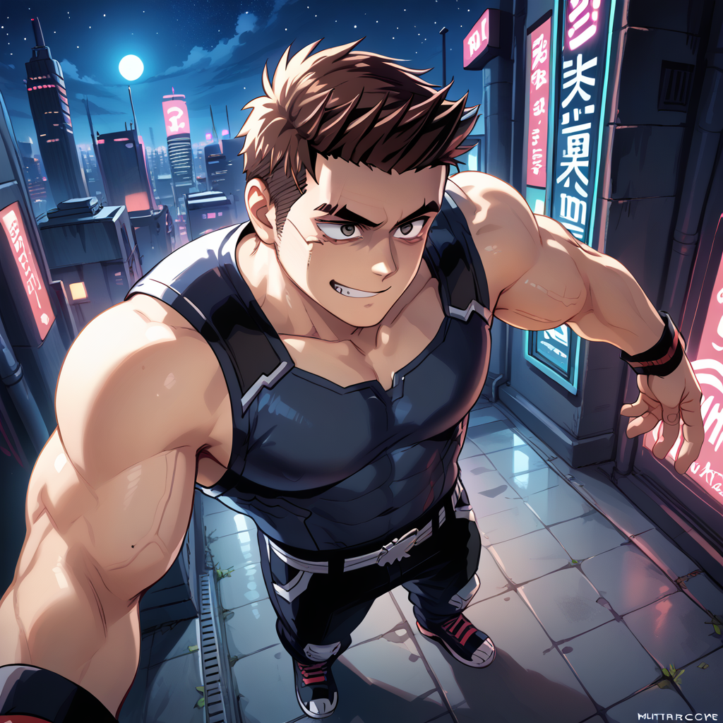 score_9, score_8_up, score_7_up, source_anime, masterpiece, best quality <lora:raeyr:1>raeyr, 1boy, oldraeyr, short sideburns hair, muscular, , high angle, Leaping with arms extended to the sides, angry, v-shaped eyes, evil smile , malice, wrapped smile, shaded face, closed mouth,resentful,, cyberpunk city ,black sky,clear night sky,starry night,mist,gothic architecture, neon lights,,