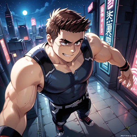 score_9, score_8_up, score_7_up, source_anime, masterpiece, best quality <lora:raeyr:1>raeyr, 1boy, oldraeyr, short sideburns hair, muscular, , high angle, Leaping with arms extended to the sides, angry, v-shaped eyes, evil smile , malice, wrapped smile, shaded face, closed mouth,resentful,, cyberpunk city ,black sky,clear night sky,starry night,mist,gothic architecture, neon lights,,