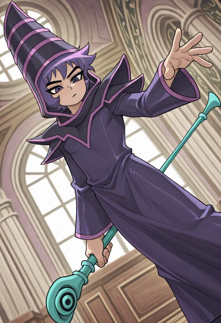 score_9,score_8_up,score_7_up,<lora:darkmagician_dataset_01_v11>,dkmgcn,1boy,holding a staff,academy background,<lora:Scott_Pilgrim_Takes_Off_style:0.7>,scott_pilgrim_style,blurry edges,film grain,purple hair,purple eyes,netural expression,magician robe,dynamic angle,