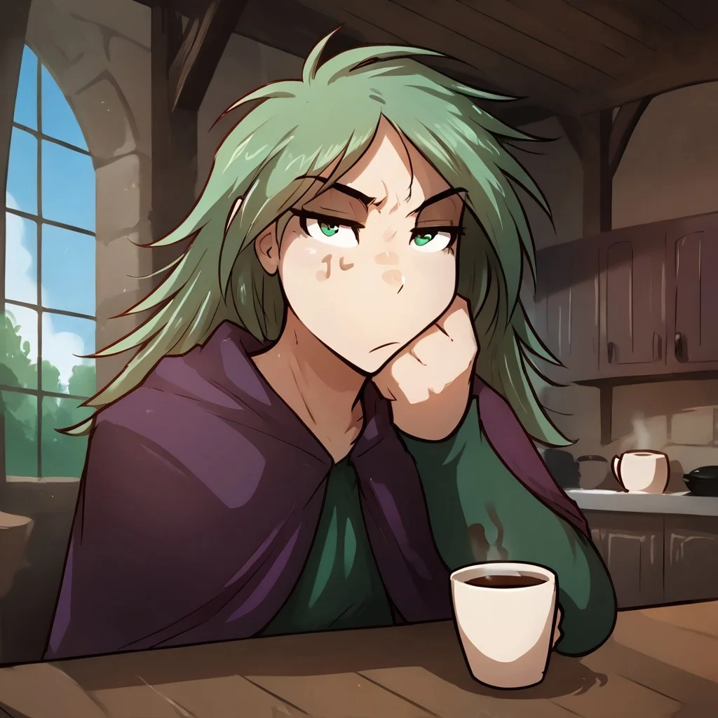 ((detailed eyes, detailed background, detailed face, perfect eyes)), score_9, score_8_up, score_7_up, best quality, source_anime, solo, landen-twokinds, human, flat-chested, muscular body, green eyes, freen hair, messy hair, (d1sheveled, bags under eyes, messy hair, exhausted, half-closed eyes, looking at viewer, annoyed), sitting at breakfast table, background is kitchen, (coffee cup), indoors, inn, medieval, fantasy,