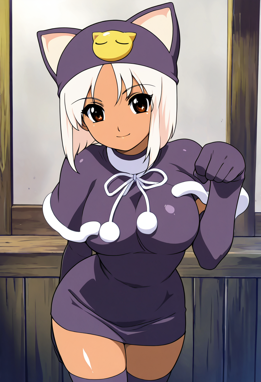 masterpiece, best quality, solo, curvy, beautiful eyes,  smile, looking at viewer,  zzMeow, brown eyes, white hair, dark skin,  thighhighs, hat, cat ears, capelet, animal hat,  narrow waist, foreshortening,  <lora:MeowLittleMonicaMonogatari_IXL_v1:1.0>,  dynamic pose, cowboy shot, smile, looking at viewer, shiny skin,