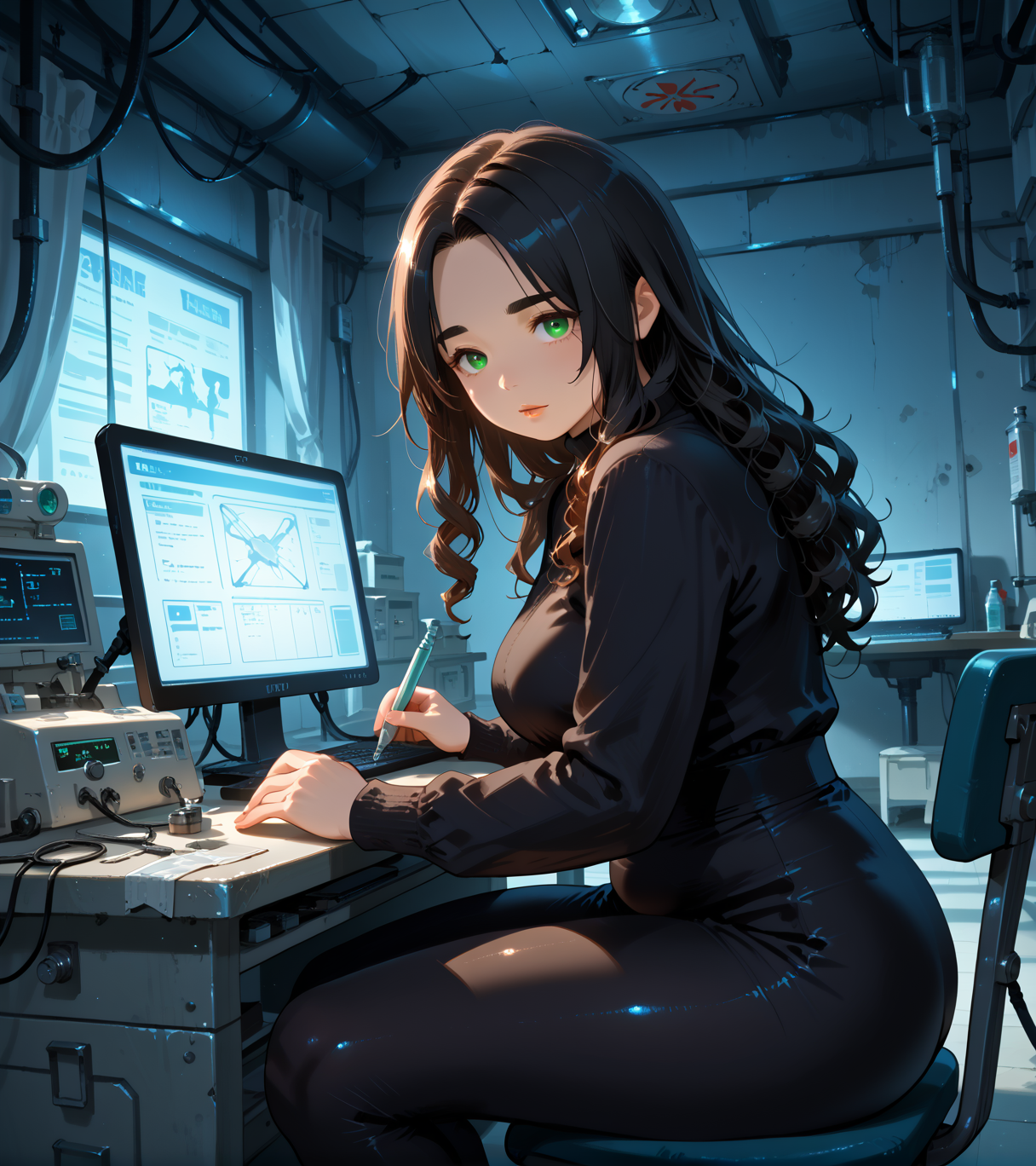 IllusP0s, PonyScores7, source_anime, ah1, IllustriousQual, interesting, exciting, spectacular, wonderful, <lora:natsumi_style:0.5>, <lora:by_usakun-pony:0.4>, by usakun, <lora:Akina_Bbw_Style_-_PonyXL:0.2>, AkinBw,
BREAK (Dutch Angle, (from side), focus on waist),
BREAK 1girl, mature female, (round face:1.2), (thick eyebrows:1.3), (curvy), round-chin, caucasian, (plump face), <lora:Round_face:0.2>, <lora:ETO_OC_Illustrius:0.5>, eto_oc, skindentation, (plump), thick thighs, wide hips, busty, voluptuous, lips, <lora:venus body PonyXL:0.3>, <lora:shinyskin2:0.2>, glistening skin,
BREAK  (curly hair), long hair, (black hair:1.4), (parted hair:1.7), messy hair, kinky curls, <lora:hairdetailpxl:0.2>, hairdetailpxl,
BREAK (half green and brown eyes), (colorful eyes), (multicolored eyes), (downturned eyes:1.4), <lora:expressive eyes:0.2>, expressive eyes, <lora:eyedetailpxl:0.2>, eyedetailpxl, <lora:Eyes_High_Definition:0.2>, EyesHD,
BREAK ((Joyous)), <lora:Expressive_H:0.2>, Expressiveh, <lora:Emotional_Anime_Expressions_PonyXL_Concept:0.2>, emotional, <lora:Best_Facial_Expression_LoRA_PONY:0.2>, looking at viewer, <lora:Detailed expressive EXEV style -XL Pony V1.0:0.2>, FaceDetail,
BREAK ((Sitting on a sinister, abandoned throne, shrouded in darkness)),
BREAK (x11 dark green mesh panel spandex bodysuit with a sexy back design, paired with high waisted leggings for a modern twist),
BREAK (((spacecraft, Medical Bay, examination table, medical supplies and instruments, diagnostic equipment, computer workstation for medical records, secure storage for medications))),
BREAK <lora:xl_more_art-full_v1:0.2>, <lora:aesthetic_anime_v1s:0.2>, <lora:EpicF4nta5yXL:0.2>, <lora:detailxl:0.2>, detailxl, <lora:Fant5yP0ny:0.2>, best quality, amazing quality, best aesthetic, absurdres, illustration, Volumetric_Lighting, ultra-detailed, very aesthetic, intricate details, 8k, masterpiece, best_quality
BREAK Stable_Yogis_PDXL_Positives, AS-Adult, <lora:Complicated fantasy portrait - XL Pony V2.0:0.2>, bad-hands-5, <lora:HDA_Detailer:0.3>, HDA_FatGirlXL,