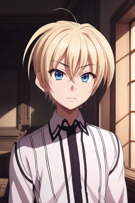 masterpiece, best quality, high quality, 1boy, solo, male focus, looking at viewer, upper body, <lora:yuuto_kiba:0.78>, yuuto_kiba, blonde hair, blue eyes, hair between eyes, ,