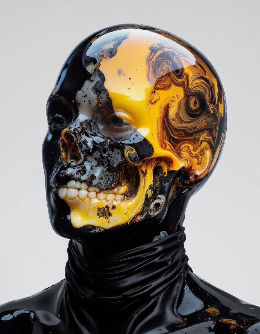 Delirium style. This is a digital artwork, created using CGI techniques, depicting a futuristic, abstract human head rendered in a highly stylized, almost surreal manner. The subject is a human skull or face, with the head and shoulders visible. The face is made up of a glossy, dark, almost black material that appears to be a high-gloss, smooth, and reflective surface, possibly a blend of plastic or a futuristic material.
The most striking feature is the vibrant, swirling pattern within the skull, where the material transitions from a dark, almost black color to a vivid, fiery orange-yellow. <lora:Bonafida.Studio:1>