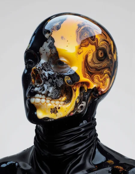 Delirium style. This is a digital artwork, created using CGI techniques, depicting a futuristic, abstract human head rendered in a highly stylized, almost surreal manner. The subject is a human skull or face, with the head and shoulders visible. The face is made up of a glossy, dark, almost black material that appears to be a high-gloss, smooth, and reflective surface, possibly a blend of plastic or a futuristic material.
The most striking feature is the vibrant, swirling pattern within the skull, where the material transitions from a dark, almost black color to a vivid, fiery orange-yellow. <lora:Bonafida.Studio:1>