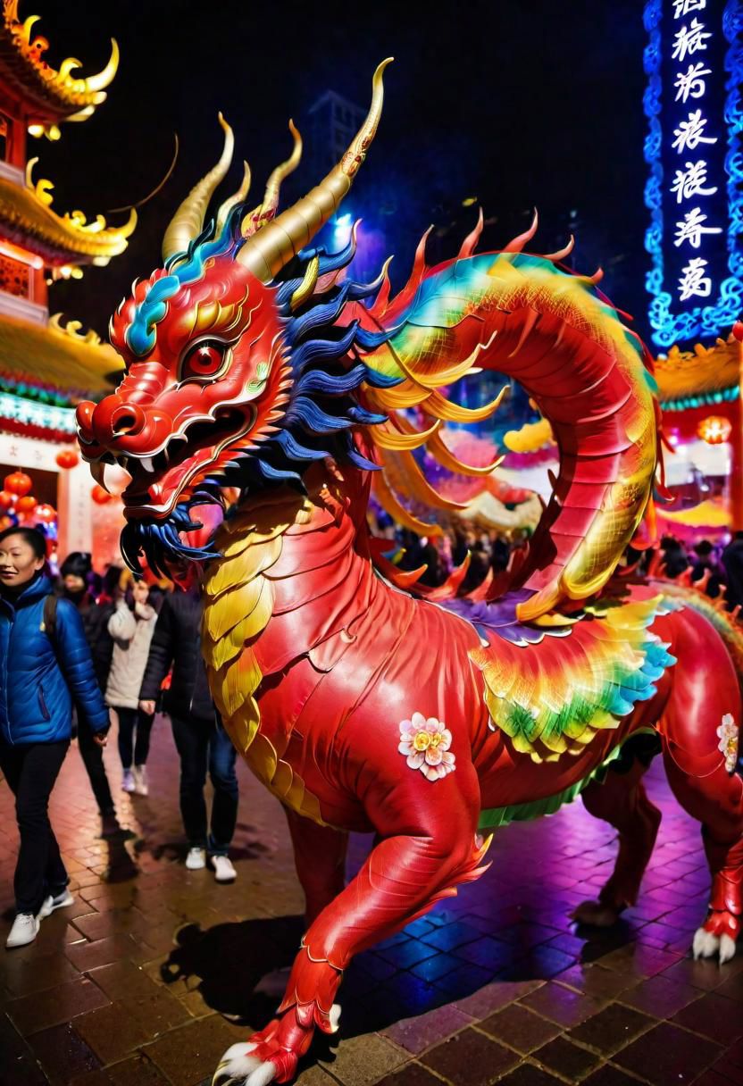 A vivid and ((multicolored Qilin), midnight, in a chinese red lantern festival street with people walking around), magnificent horns, vibrant feathers, majestic and legendary, captures attention with its vibrant hues, colorful high contrast, from china, festival of rich colors, hong kong, epic colors, formidable, rain, eyes lit, standing in the dark, anamorphic lens flares 4k, best of behance, holy flame crown spell, creative commons attribution, wallpaperflare, steven jung, trending on mentalray, hyper realstic, featured on pexels, big horn, highly beautiful, casting a magic spell, color overlay, =	,