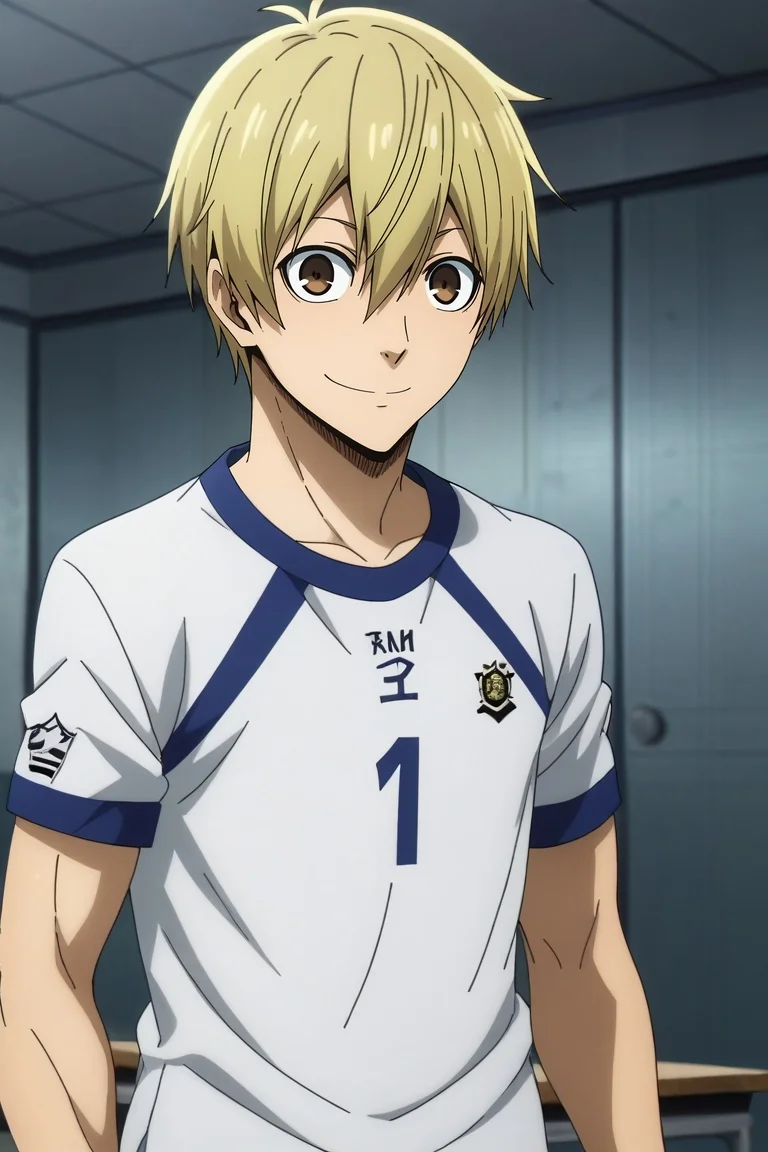 score_9, score_8_up, score_7_up, , anime screencap, rating_safe, , , , 1boy, male focus, <lora:masaomi_kida_pony:0.58>, masaomi_kida, blonde hair, brown eyes, short hair, hair between eyes, solo, focused, workshop, midnight, dynamic pose, smile, <lora:blue_lock_style_pony:0.94>, blue_lock_style, sportswear, <lora:sdxl_lightning_8step_lora:1>