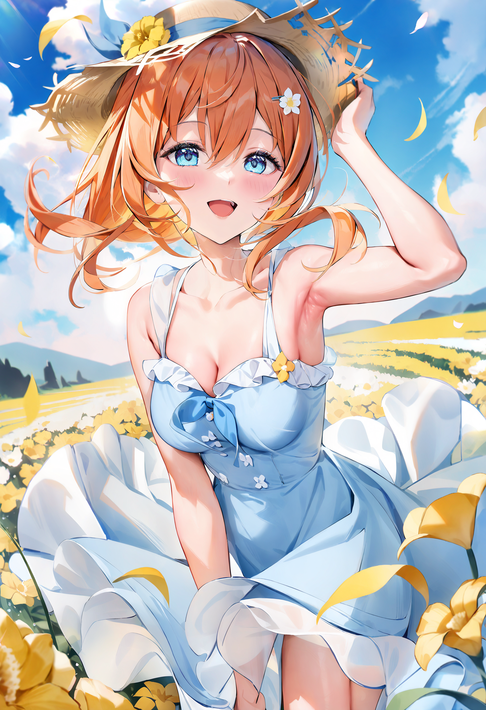 <lora:Animagine_Style7256193366v5-000210:1>, 1girl, solo, flower, blue eyes, medium hair, outdoors, straw hat, looking at viewer, smile, sky, orange hair, collarbone, day, sleeveless, frills, open mouth, cloud, blush, frilled dress, blue sky, arm up, blue dress, white dress, bare arms, sleeveless dress, bare shoulders, petals, standing, :d, blue skirt, hair flower, blue bow, frilled skirt, cloudy sky, yellow flower, hairclip, hair between eyes, medium breasts, sidelocks, armpits, floating hair, hand on headwear, between legs, sundress, flower field, masterpiece, best quality, very aesthetic, absurdres