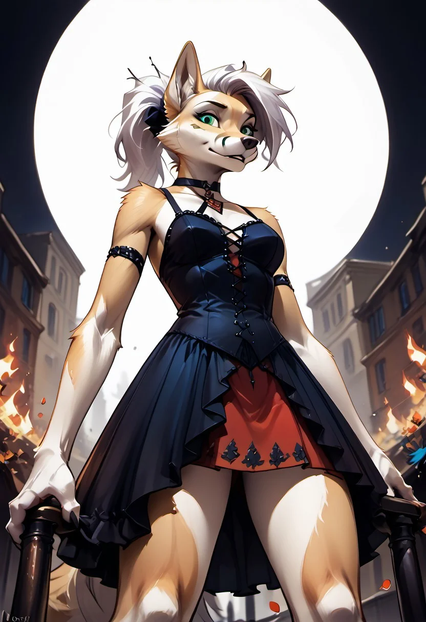 The furry fox (turquoise (#30d5c8) fur) has turquoise colored fur all over its body, with white hair pulled back in a ponytail and green eyes, the female. The emphasis is on the face, a well-developed face, well-developed hands, well-developed legs. Dressed in a gothic red dress. It stands on a pedestal. He stands controlling the blue flame. The petals of the flame are woven into the fur. The darkness is all around. view from below. an adult girl about 25 years old