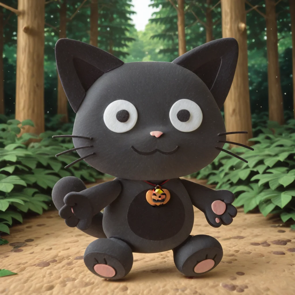 stkrstar, furry, cute, solo, 1boy, smile, looking at viewer, solid pupil eyes, cat, forest, black fur, halloween