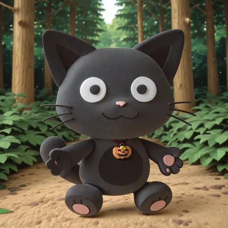 stkrstar, furry, cute, solo, 1boy, smile, looking at viewer, solid pupil eyes, cat, forest, black fur, halloween