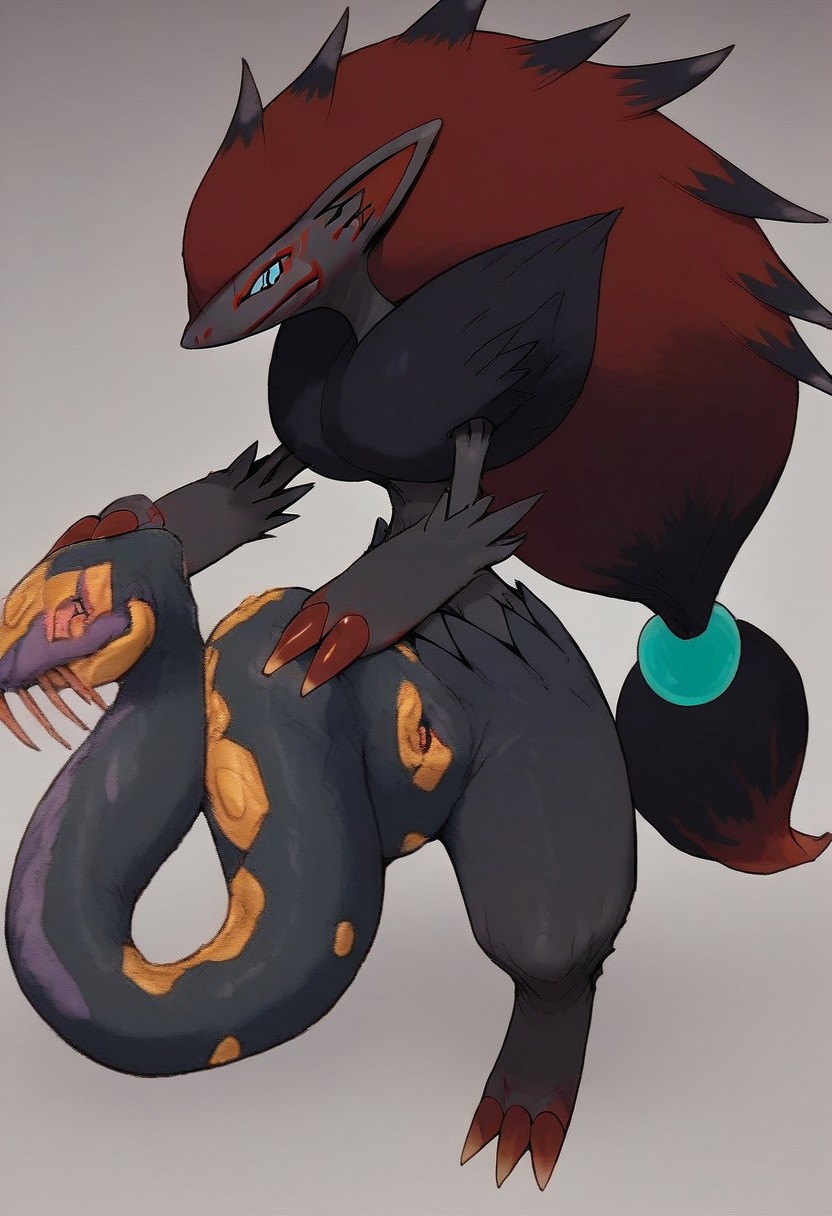 score_9, score_8_up, score_7_up, source_anime, Zoroark, pokemon (creature), a crotchseviper, feral, solo, holding crotchseviper in hand, long thick crotchseviper