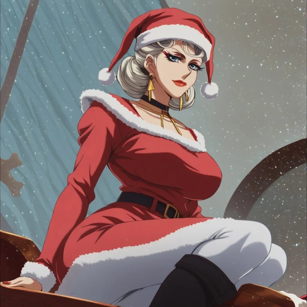sfw, score_8, score_8_up, score_7_up,anime coloring, best quality, Source_anime, mclaus, white hair, blue eyes, hair curled into the shape of a heart, red lipstick nail-polish,makeup lipstick, mature woman, Red santa dress with a white fur trim, red santa hat with a white fur trim, black belt with a gold buckle, black knee high boots, White thigh high socks, red christmas dress, Christmas Town