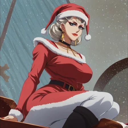 sfw, score_8, score_8_up, score_7_up,anime coloring, best quality, Source_anime, mclaus, white hair, blue eyes, hair curled into the shape of a heart, red lipstick nail-polish,makeup lipstick, mature woman, Red santa dress with a white fur trim, red santa hat with a white fur trim, black belt with a gold buckle, black knee high boots, White thigh high socks, red christmas dress, Christmas Town
