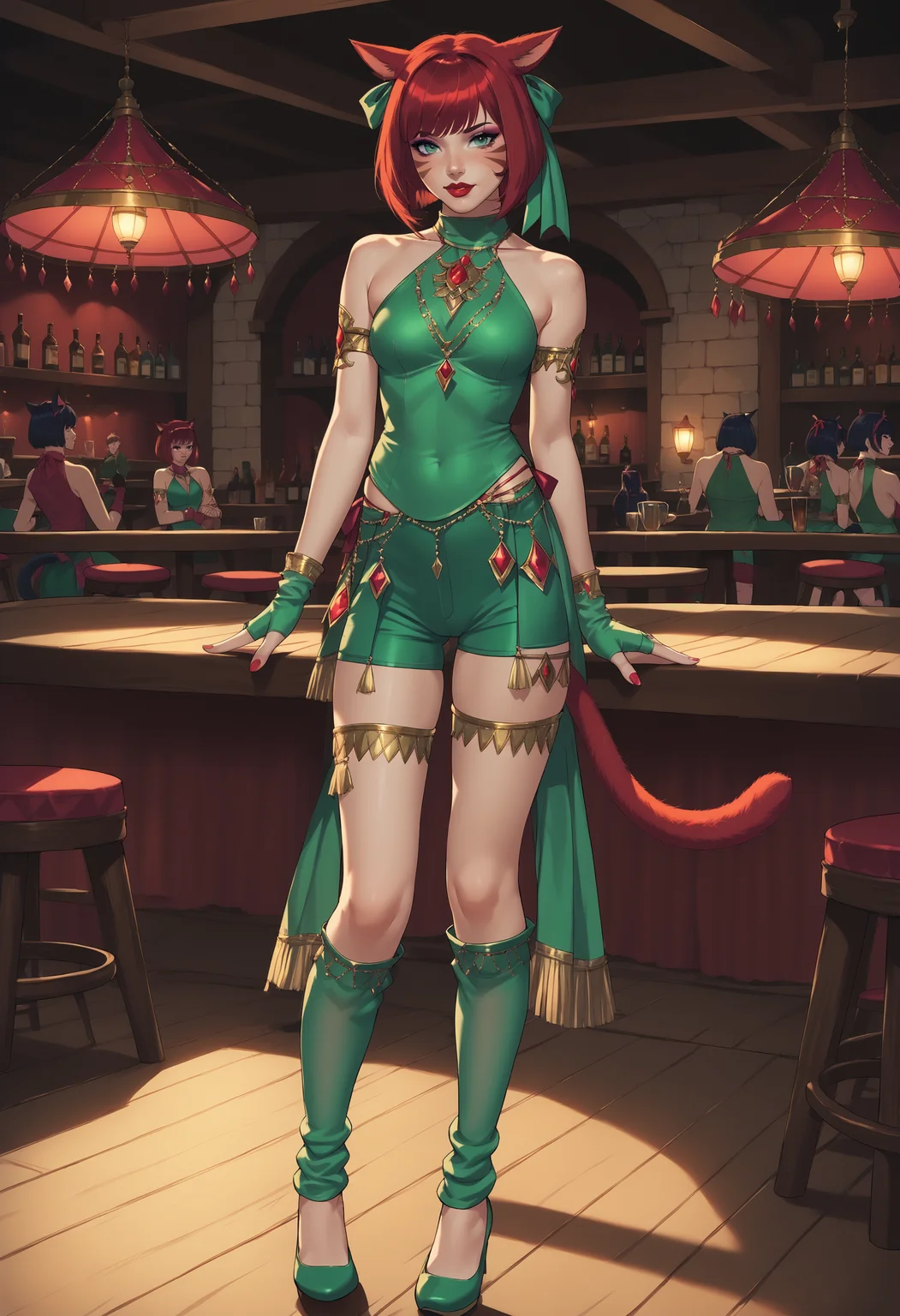 zPDXL,score_9, score_8_up, score_7_up, 1girl, source_anime, tavern, stage, on stage dancing, full body, young woman, miqo'te, tail, red hair, green eyes, bob cut, short hair, looking at viewer, red lipstick, pastel eyeshadow,
(green clothing:1.5), <lora:Etoile_Dancer_FFXIV:.75> etoile dancer, jewelry, bare shoulders, shorts, fingerless gloves, high heels, armlet, fringe trim, thigh strap, skirt, hair ribbon, leg warmers, halter shirt,