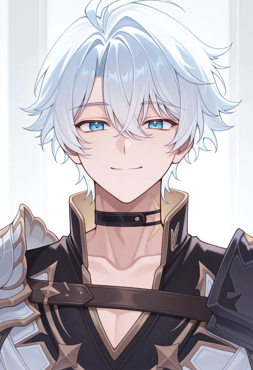 masterpiece,best quality,amazing quality, source_anime, 
Phainonhsr, 1boy, male focus, solo, blue eyes, white hair, black choker, neck tatto, shoulder armor, shirt, black shirt, coat, white coat, smile, looking at viewer, portrait,