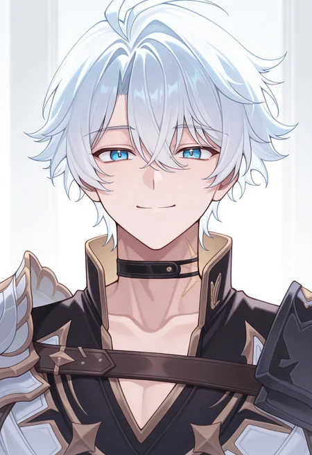 masterpiece,best quality,amazing quality, source_anime,
Phainonhsr, 1boy, male focus, solo, blue eyes, white hair, black choker, neck tatto, shoulder armor, shirt, black shirt, coat, white coat, smile, looking at viewer, portrait,