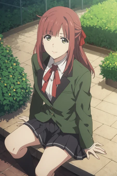homura suzuko, long hair, red hair, green eyes, hair ribbon, school uniform, red bowtie, white shirt, (jacket:1.5), green jacket, black skirt, pleated skirt, black kneehighs, loafers, <lora:homura_suzuko:0.7>, score_9, score_8_up, score_7_up, score_6_up, score_5_up, source_anime, rating_safe, outdoors, flower garden, 1girl, solo, looking at viewer, <lora:age_slider_v4:3>