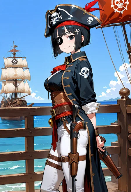 best quality, amazing quality, simple background,((outlined outlined vector graphics)),blue sky,ocean,pirate ship,
side view , looking at viewer , 1girl,,solo, 20yo, black hair, black eyes, short bob hair, hair pin,mdeium breast, slender,(white thigh strap:1.1), (glow eyes:0.7),happy,smile, cute face,pirate, pirate girl, eye patch,skull,pants, standing , , arms behind back, , , gun, pirate-outfit <lora:pirate-il-01:0.8>