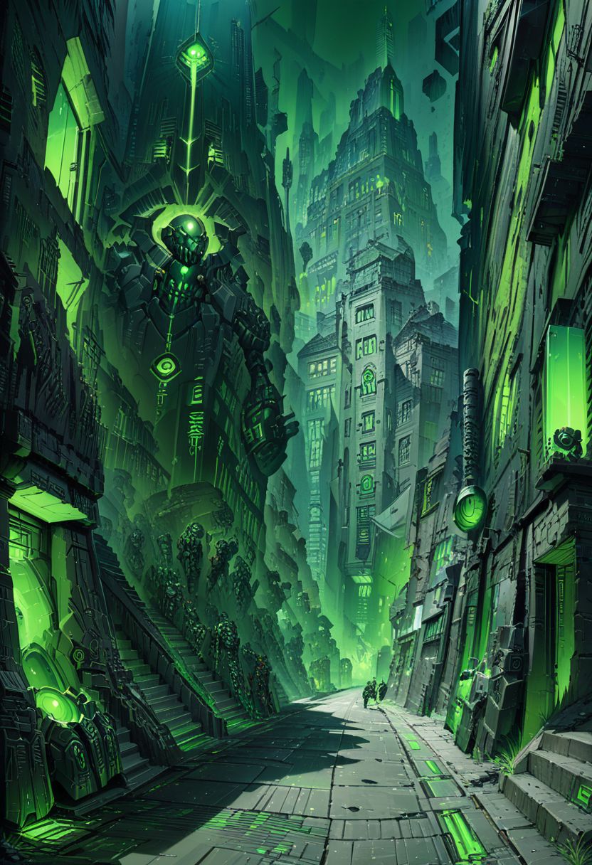 ((masterpiece,best quality)),
Necron, 
Necron, city, street view, stairs, floating robot, street, green glow, green theme