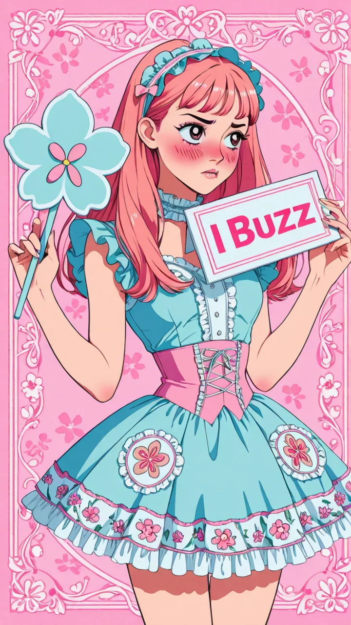soft pastels, frilly fashion, kawaii aesthetic, floral accents, 1girl, doll-like proportions, small waist, delicate limbs, stylized frame, holding a sign that says, text as "I NEED BUZZ", style_bebas, blushing, looking away, arched eyebrows, biting own lips, shy, <lora:texta:1>, <lora:textxl:1>