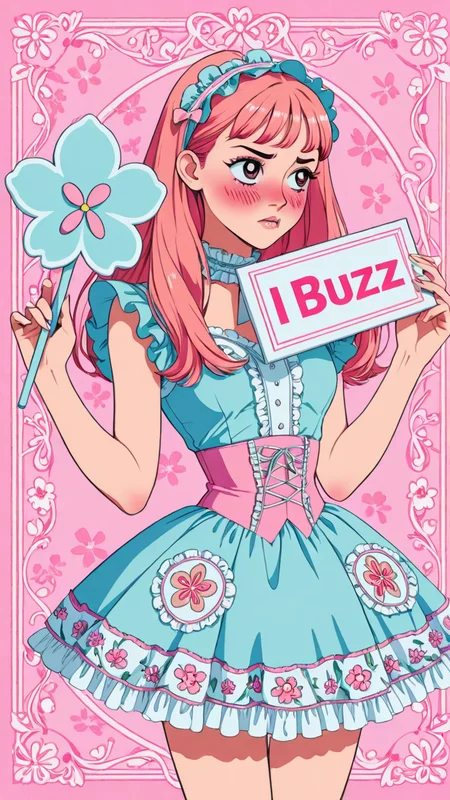 soft pastels, frilly fashion, kawaii aesthetic, floral accents, 1girl, doll-like proportions, small waist, delicate limbs, stylized frame, holding a sign that says, text as "I NEED BUZZ", style_bebas, blushing, looking away, arched eyebrows, biting own lips, shy,  <lora:texta:1>,  <lora:textxl:1>
