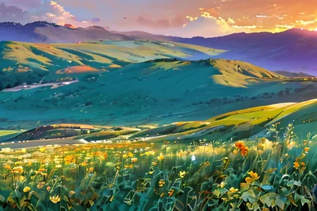 green plain, sunset, golden hour, landscape, ultra detailed, flowers,