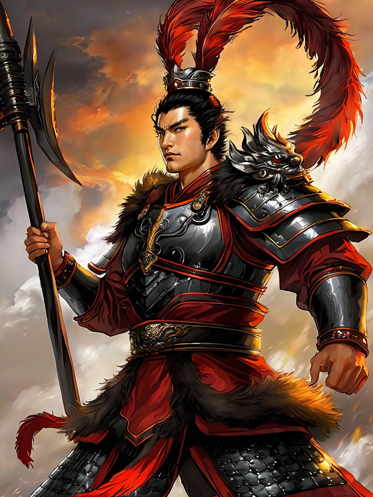 masterpiece,best quality,highly detailed,ultra-detailed, lvbu man, armor, solo, black hair, shoulder armor, holding, looking at viewer, holding black stick, digital artwork, pheasant tail feathers crown on head, belt, sky, cloud, fire, upper body, fur trim, closed mouth, brown eyes <lora:lvbu_sdxl:0.7>