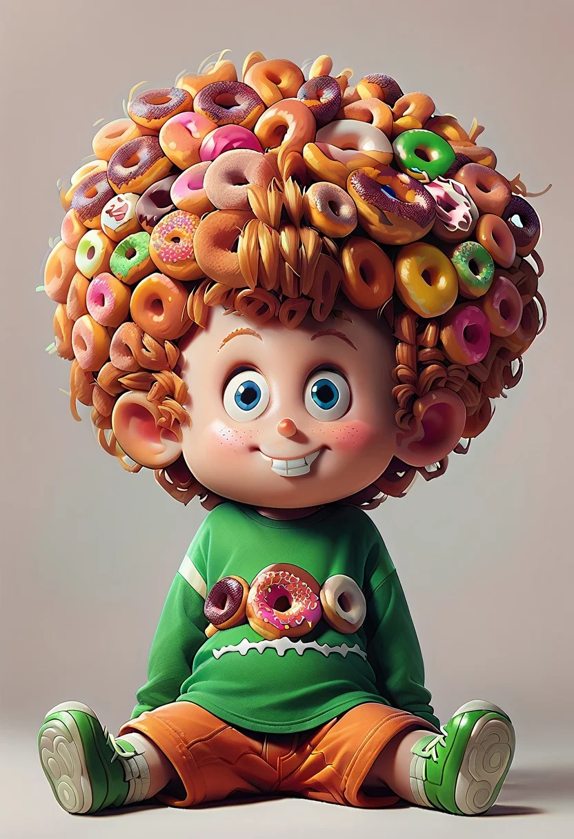TangiriniStyle, , score_9, score_8_up, score_7_up, highly detailed, cute boy, 1boy, solo, Dennis, big curly Hair made of doughnuts, Blue Eyes, Freckles, Green shirt, Orange Shorts, sitting, big doughnuts tower, smiling,