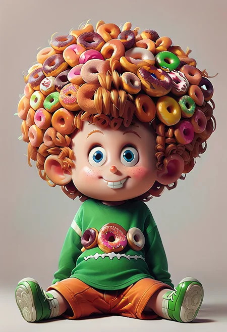 TangiriniStyle, , score_9, score_8_up, score_7_up, highly detailed, cute boy, 1boy, solo, Dennis, big curly Hair made of doughnuts, Blue Eyes, Freckles, Green shirt, Orange Shorts, sitting, big doughnuts tower, smiling,