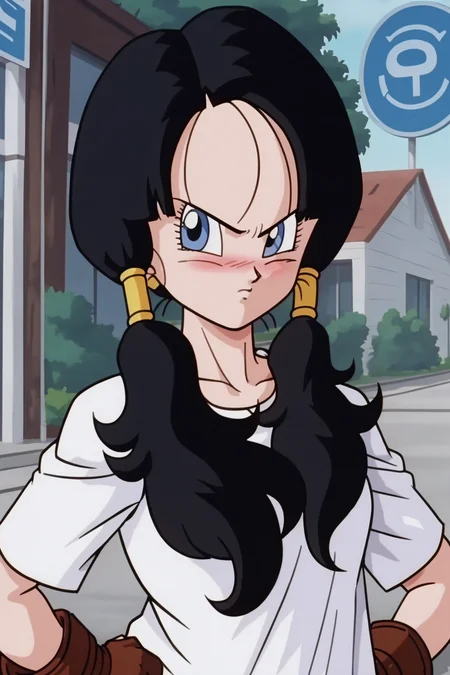 source_anime, score_9, score_8_up, score_7_up, anime screencap,
videldbz, 1girl, solo, looking at viewer, blush, looking to the side, pouty lips, blue eyes, long shirt, black hair, angry, twintails, white shirt, upper body, outdoors, day, tree, brown gloves, hands on hips, sign, road, bush, tsundere, collarbone, short sleeves, eyelashes, v-shaped eyebrows, 
<lora:Videl_pony_v1:0.8>