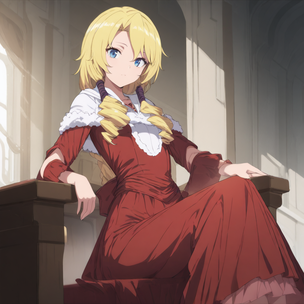 1girl,solo,looking at viewer,masterpiece,high score,great score,absurdres,red dress,<lora:Lashara_tmwg ag4o v1:1> lashara_tmwg, blonde hair, blue eyes,
