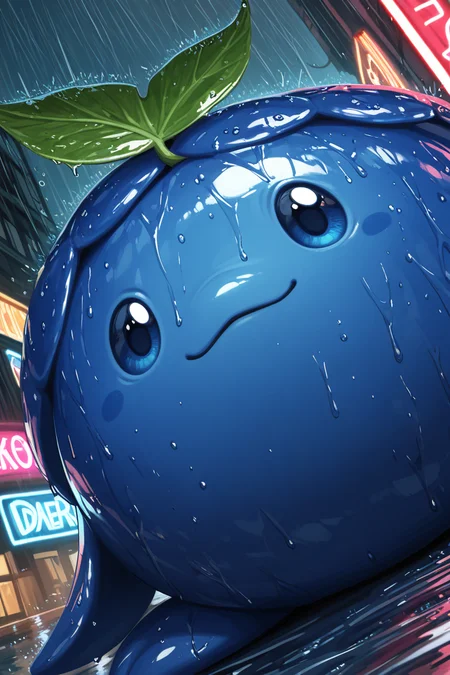 style parody, parody, oda_eiichirou, dim lighting, raining, blueberry-creature focus, looking at viewer, facing away, expressive face, daberry, green leaf on head, blue_daberry_hair, blue eyes, 1blueberry creature, pokemon (creature), smug, wet, shiny skin, outdoors neon street, neon lights, dark environment, fantasy, dutch angle, dynamic angle, motion lines, fidgetting, intricately detailed illustration, depth of field, masterpiece, best quality, amazing quality, very aesthetic, absurdres, newest