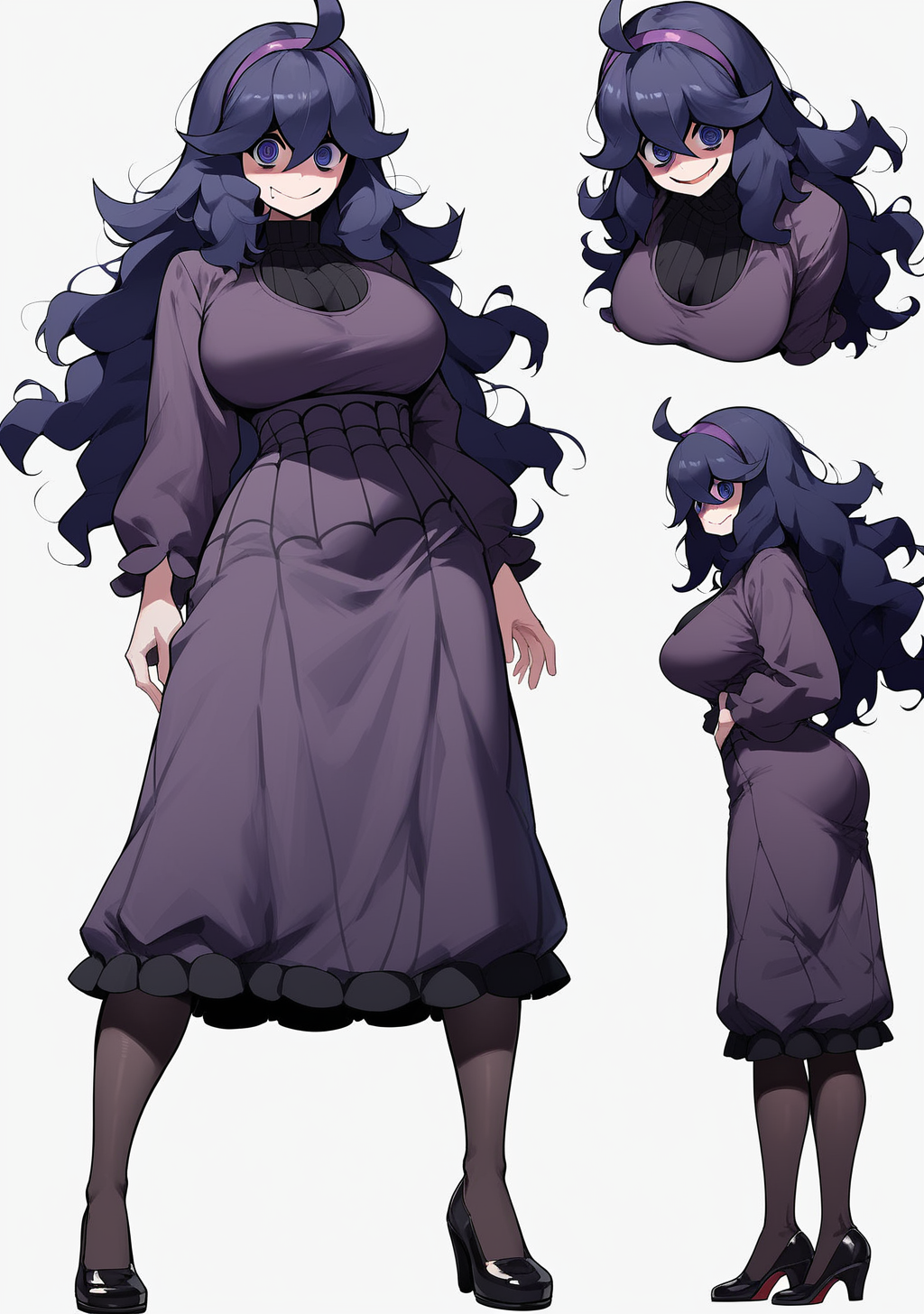 score_9, score_8_up, score_7_up, score_6_up, score_5_up, score_4_up, masterpiece, high quality, BREAK, full body, BREAK,   <lora:Hex_Maniac_Pokemon_Pony:0.79> hex maniac, purple eyes, large breasts, purple hair, pokemon girl, purple dress, pale skin, no pupil, @ @, <lora:Dynamic_Character_Model_Sheet:0.8> dynamic character design,