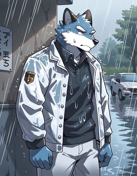score_9, score_8_up, score_7_up, source_furry, rating_safe, 2D, BREAK ArgoXL, male, anthro, two-tone body, blue fur, white fur, jacket, pants, soaked, wet, unamused, detailed background, outdoors, rain, gloomy, cold, <lora:ArgoXL-000010.safetensors:1.0>,