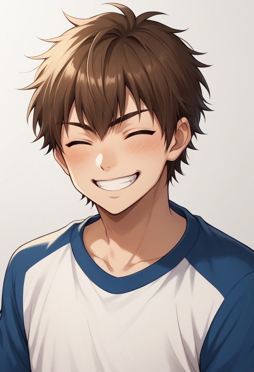 score_9, score_8_up, score_7_up, source_anime, highly detailed, 
eijun, 1boy, male focus, smile, brown hair, solo, closed eyes, grin, blush, teeth,
upper body,  shirt,