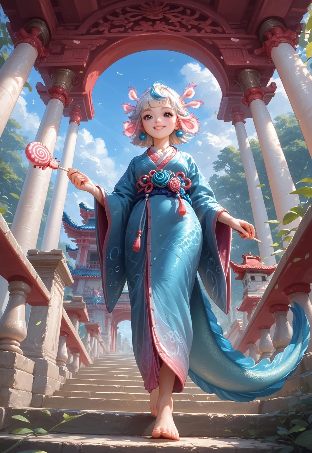 zPDXL3, Expressiveh, EyesHD, traditional media, AIU, score_9, score_8_up, score_7_up, score_6_up, _Style, high quality, extremely detailed, perfect face, detailed background, very cute girl, Cartoon_Type, <lora:AxolotlWorld_Concept:1>, AxolotlWorldXLP, detailed scales, thick tail, blue highlights, blue tones, cute bangs, axolotl girl, dappled sunlight, holding dango candy, ancient temple, freckles, colored skin, monster girl, short, elegant kimono, on stairway to temple, walking, leaves, stairs, cute, smile, barefoot, white hair, from below, low angle shot