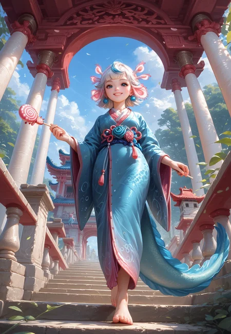 zPDXL3, Expressiveh, EyesHD, traditional media, AIU, score_9, score_8_up, score_7_up, score_6_up, _Style, high quality, extremely detailed, perfect face, detailed background, very cute girl, Cartoon_Type, <lora:AxolotlWorld_Concept:1>, AxolotlWorldXLP, detailed scales, thick tail, blue highlights, blue tones, cute bangs, axolotl girl, dappled sunlight, holding dango candy, ancient temple, freckles, colored skin, monster girl, short, elegant kimono, on stairway to temple, walking, leaves, stairs, cute, smile, barefoot, white hair, from below, low angle shot