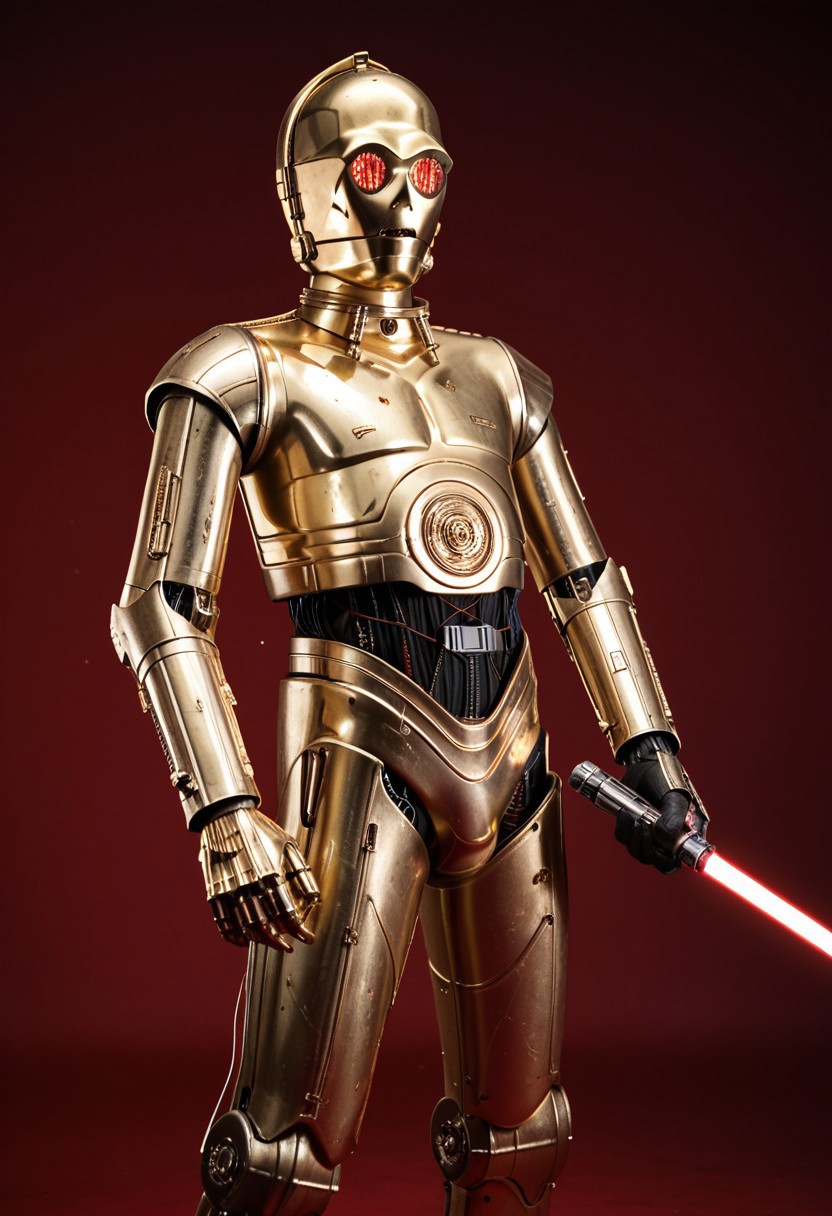 score_9_up, score_8_up, score_7_up, realism, 
1boy, c3po, android, robot male, golden metallic skin, red glowing eyes, black midriff with wiring, standing, arms raised, serious, angry, looking at viewer, standing, leaning in, wielding a lightsaber, holding a glowing red lightsaber, battle stance, legs apart, cowboy shot, close-up, upper body, side view,
indoor, in a photostudio, black walls, day time, best quality, dynamic pose, masterpiece, natural lighting, lots of details, high resolution, 8K, colorful, dynamic shot, red background, zzLightSaber,