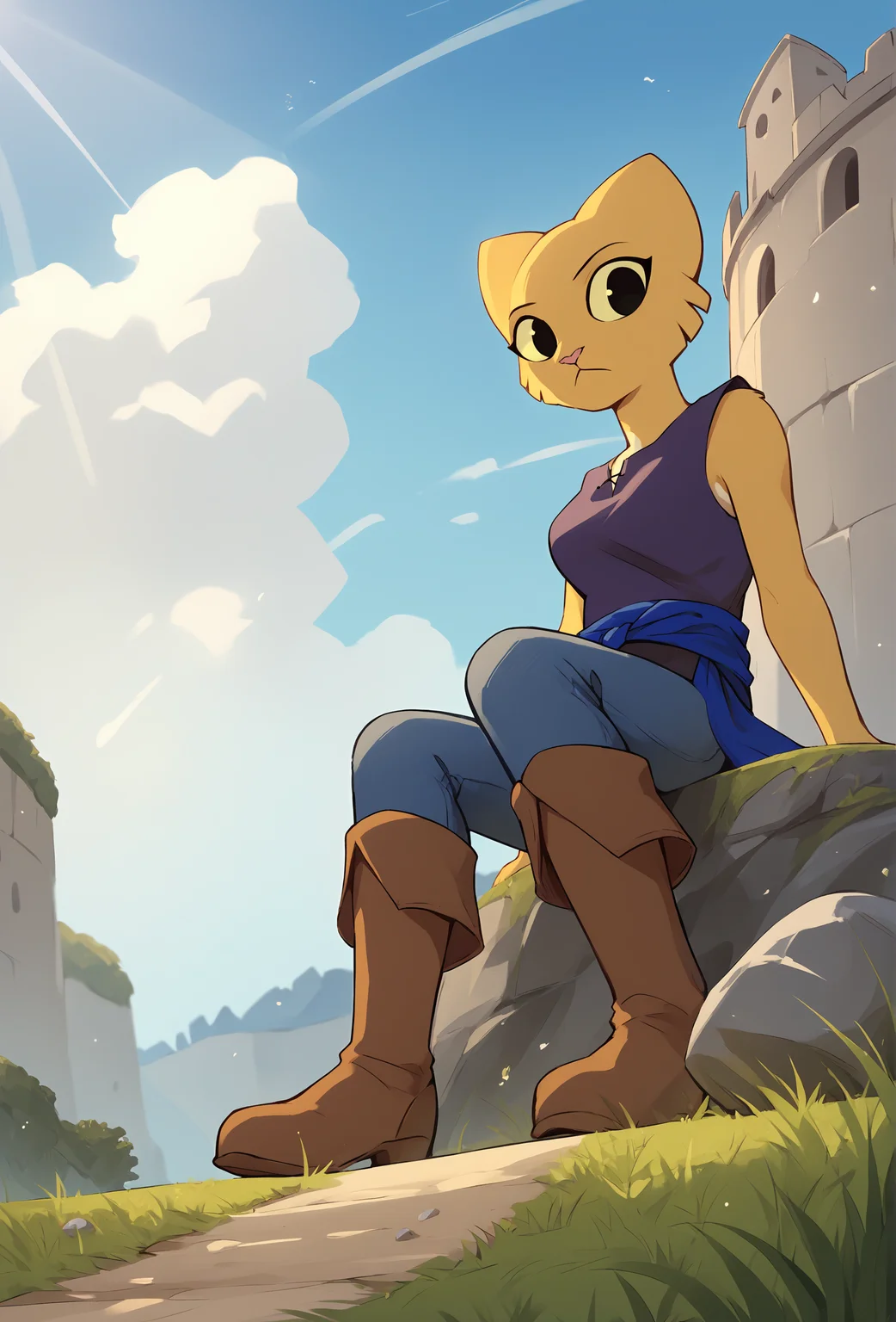 score_9, score_8_up, score_7_up, score_6_up, score_5_up, score_4_up, outdoors, blue sky, cloud, castle, boulder, grass, path, crepuscular rays, wind, depth of field, BREAK
<lora:katia_managan_ponyXL_v1.2:1> 1girl, katia managan, furry, cat girl, looking at viewer, black eyes, solid circle pupils, blue pants, jeans, brown boots, knee boots, blue sash, purple shirt, sleeveless, looking to the side, looking away. sitting, from below