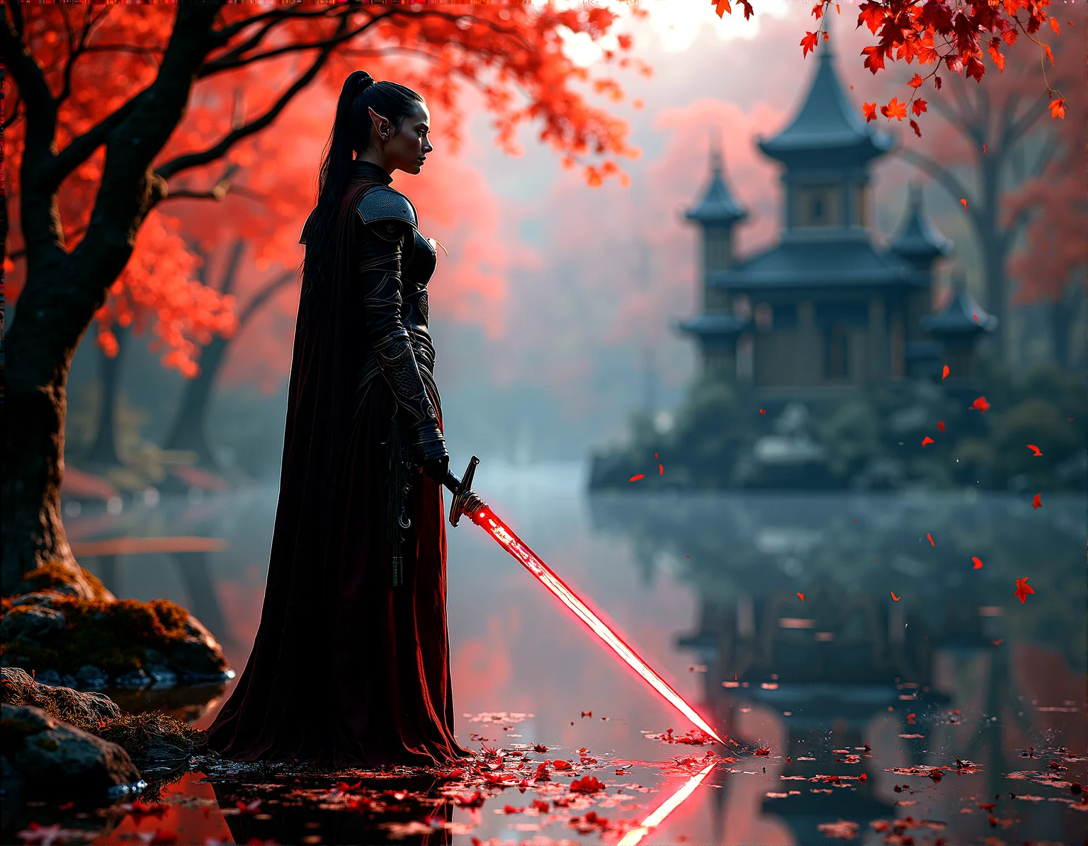 photorealistic image of a female dark elf warrior in a dark uniform, holding a glowing sword, standing in a sacred glade surrounded by falling red leaves, the light from her sword illuminating the serene environment, reflections in the calm water, highly detailed textures on her armor and clothing, contrast between the soft natural light and the intense glow of the sword, next-gen graphics, high-definition, intricate composition, cinematic
cinematic scene, cinematic lighting, intricate detail skin and facial texture, lifelike expression, accurate character design, dynamic pose, interesting and complex background details, complex dynamic pose,