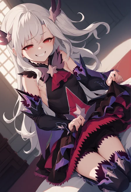 1girl, white hair, red eyes, long hair, side ponytail, hair ornament, black dress, magical girl, corruption, detached sleeves, black thigh Boots, smug, mesugaki, skirt lift, teasing, teeth, indoors, mansion, dutch angle <lora:Illya_IQ2:1>, score_9, score_8_up, score_7_up, score_6_up, score_5_up, score_4_up, BREAK source_anime, masterpiece
