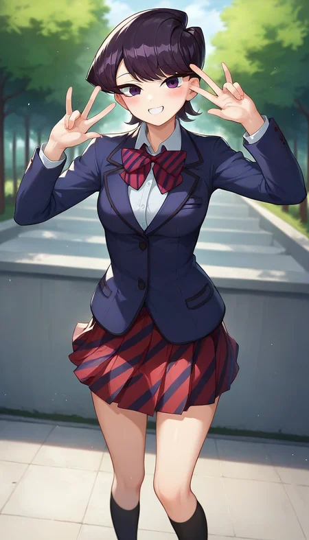 score_9,score_8_up,score_7_up,score_6_up BREAK official art,solo,outdoors,upper body,(portrait:1.5),looking at viewer,facing viewer,smile,blush,Komi Shuuko,short hair,black hair,shiny hair,swept bangs,purple eyes,school uniform,blue jacket,blazer,collared shirt,white shirt,red bowtie,striped bowtie,diagonal-striped bow,medium breasts,skindentation,long sleeves,red skirt,pleated skirt,striped skirt,black socks,loafers,<lora:Komi Shuuko(kcc)-Pony:0.8>,