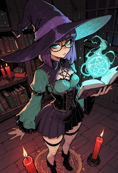 score_9, score_8_up, score_7_up, masterpiece, best quality, very aesthetic, detailed face, (dynamic:1.2), stylized, illustration, dynamic pose, (nsfw:1.2), girl, small nose, highres, absurdres,<lora:ck-shadow-circuit-IL:0.4> in the style of cksc, <lora:mon_monmon2133:0.2> <lora:Rapscallion_Illustrious:0.25> Rapscallionstyle, <lora:incoth:0.25> incoth, (incase:0.6), <lora:r17329_illu:0.35> r17329_illu, <lora:perspective:0.65> facing viewer, striking angle, perspective, (girl:1.3), (small breasts, big butt, wide hips, purple hair, blonde hairstreaks, witch girl, glasses, teal eyes, straight hair, medium hair:1.2), (witch outfit, corset, skirt, witch hat, fishnets, standing, chanting:1.1), (magic:1.3), (attic, dark wood, magic ritual, pentagram on floor, moody lighting, artsy, nighttime, red candles, book, atmospheric:1.2)âââ
