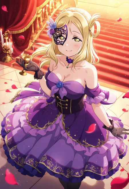 masterpiece, best quality, solo, 1girl, aged up, happy,
mari_ohara, ohara_mari, long hair, bangs, blonde hair, braid, hair rings, yellow eyes, crown braid, hair ornament, masquerade idol outfit, black and royal purple gown, lace gloves, rose choker, ornate mask in hand, candlelit opera stage, velvet curtains, petals falling from above, playful smile, dramatic and enchanting mood