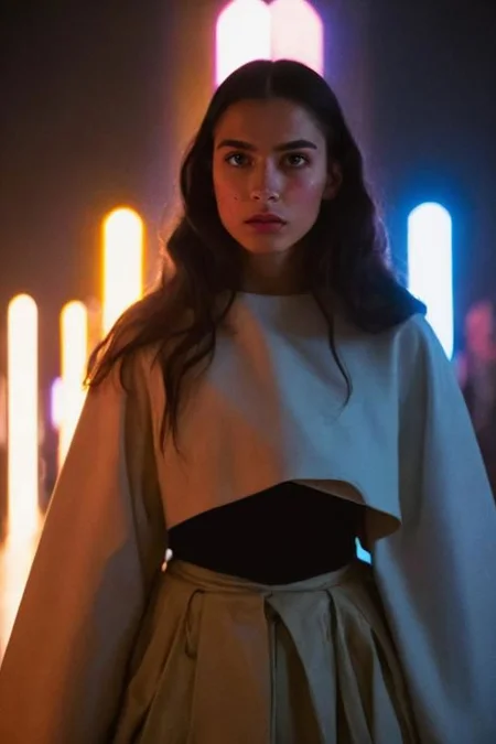 Film still, cinematic, fashion editorial portrait of a stormtroop from Star Wars, mona lisa painting, white pastel clothes, dark lights, motion blur, slow shutter speed, bokeh, shot on film, sharp focus, shot on canon, vibrant tones, colorful, low key, (detailed skin texture, detailed eyes)