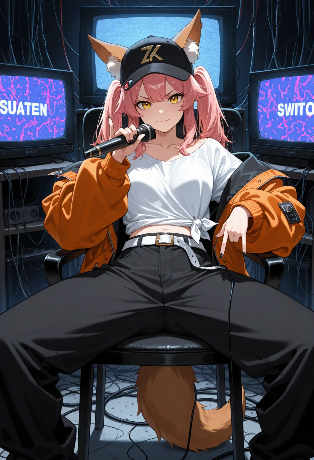 masterpiece, best quality, highres, absurdres, very awa, 1girl, solo, animal ears, pink hair, twintails, baseball cap, fashion, hat, hat pin, oversized clothes, oversized shirt, streetwear, open jacket, orange jacket, (cable), screen, television, wire, static, multiple screens, sitting backwards, chair, on chair, sitting, spread legs, yellow eyes, tail, tied shirt, white belt, black pants, collarbone, nail polish, looking at viewer, holding microphone, microphone, pinky out, v-shaped eyebrows, closed mouth, light smile
